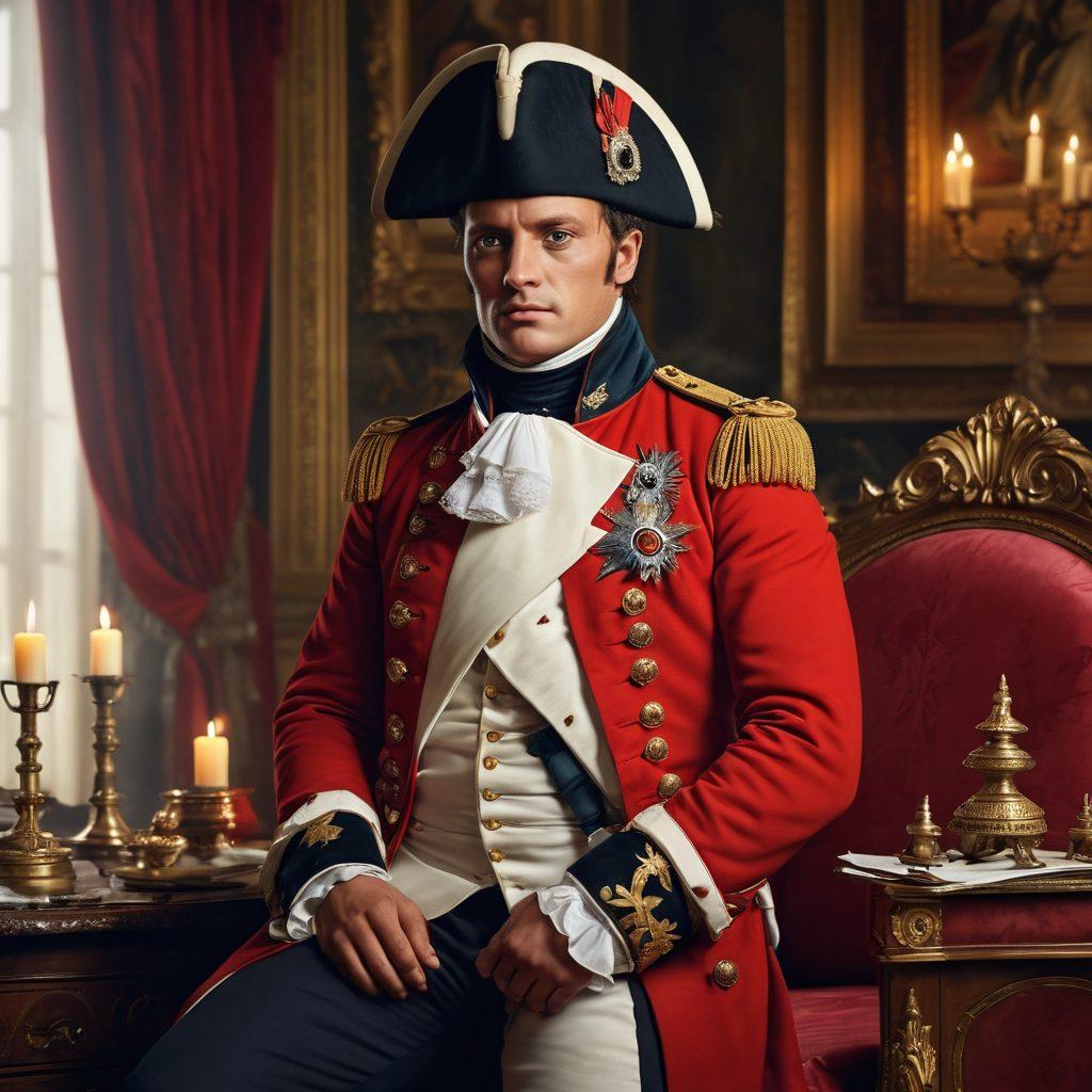A captivating juxtaposition of Napoleon Bonaparte in both a dramatic battlefield scene and a lavish boudoir, blending strong military elements like cannons and flags with intimate details such as candles and luxurious fabrics. His expression transitions from fierce determination to soft contemplation, symbolizing the duality of his life. The background should fade from a smoky battlefield into a plush, romantic setting. vibrant colors. super-realistic. high detail.