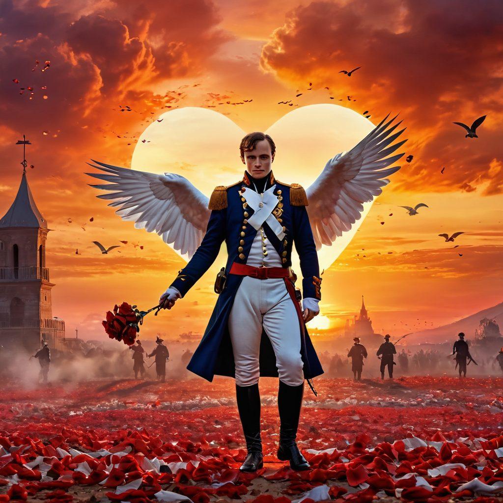A grand battlefield scene with Napoleon in his iconic military attire, surrounded by symbols of love such as a heart-shaped flag and rose petals scattered on the ground. In the background, a majestic sunset casts an orange glow over the horizon, enhancing the romantic ambiance. The scene showcases a contrast between war and affection, with soft, dreamy elements like fluttering doves and silhouettes of lovers in the foreground. super-realistic. vibrant colors. romantic setting.