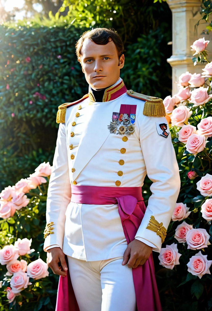 A romanticized portrait of Napoleon Bonaparte in military uniform, standing proudly in a lush, sunlit garden. Surround him with delicate pink roses and historical artifacts, hinting at love letters and a distant silhouette of Josephine. The background features a softly blurred palace, symbolizing his legacy. The atmosphere is infused with a warm, golden light, casting an enchanting glow. painting. vibrant colors.